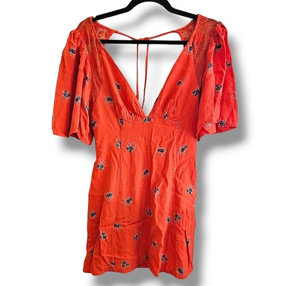 Free People Mockingbird Orange Red Floral Puff Sleeve Mini Dress Size 2 - Picture 5 of 6